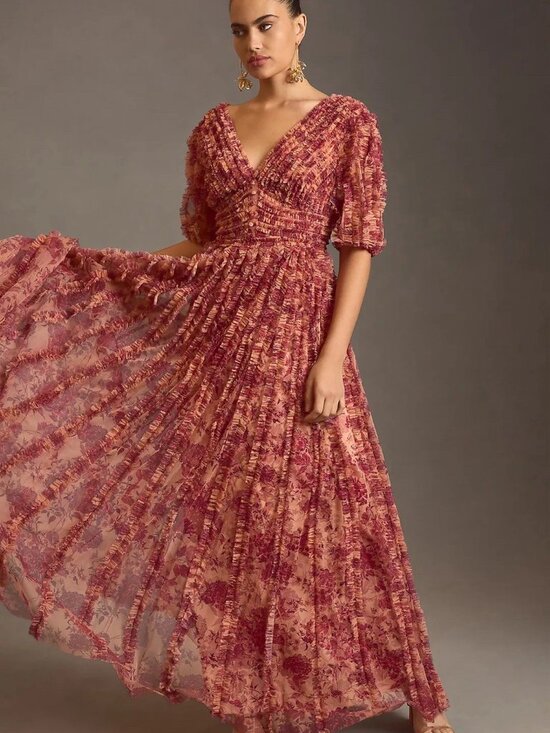 Mac Duggal Dresses & Skirts - MAC DUGGAL Size 6 Orange Rose Floral 8013 V-Neck Ruffles Maxi Gown Dress NWT
